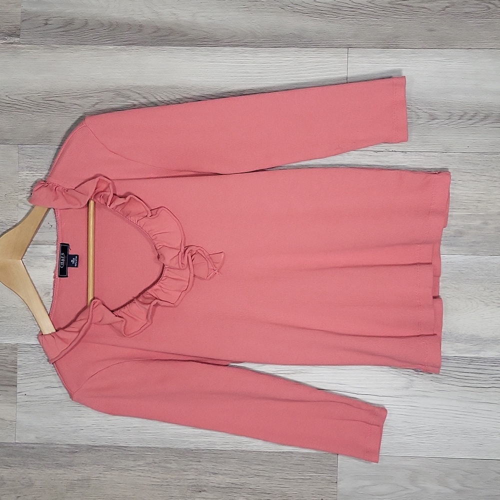 Chaps‎ Womens Medium Salmon Blouse Ruffle Neck 3/4 Sleeve Cotton Casual Ribbed